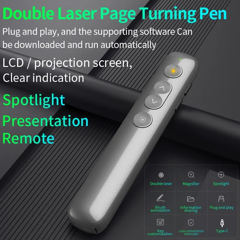 

Double Laser Pointer Pen RF Wireless Presenter Remote Control Spotlight Magnifier Turn Page PPT Clicker Pen for Techer Meeting