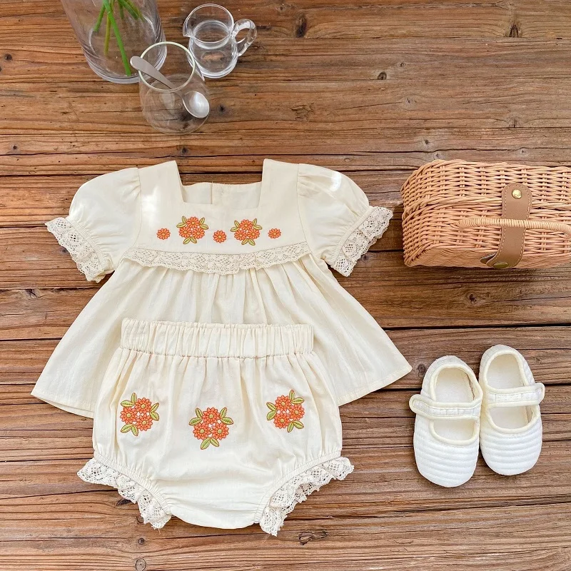 

Summer Baby Dress Linen Cotton Printed Floral Baby Girl Birthday Dress And Shorts 2pcs Cute Lace Sleeve Babies Sukienka Dress