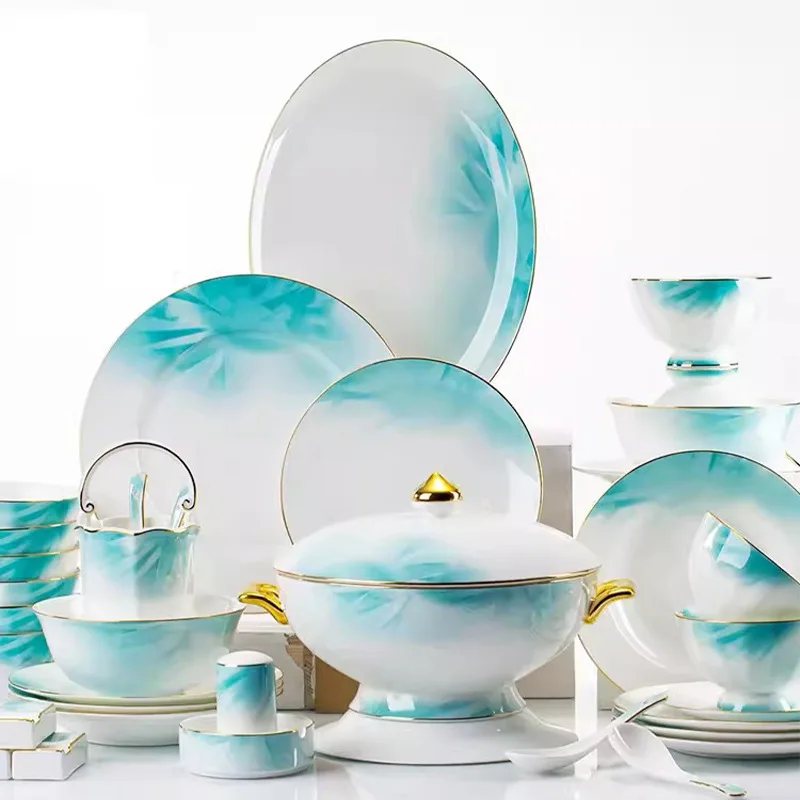 

New Chinese Household Dish Set Bone Porcelain Jingdezhen Light Luxury Dish Ceramic Tableware Combination housewarming Gift