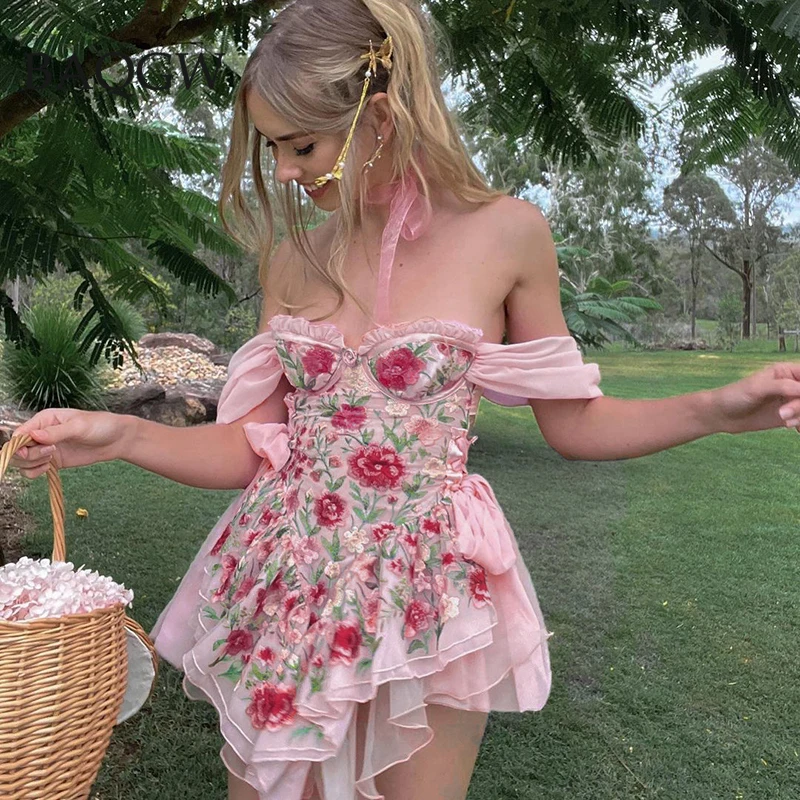 

Элегантное шифоновое платье с цветочным принтом, розовое облегающее женское мини-платье в стиле бохо, милая одежда для отпуска