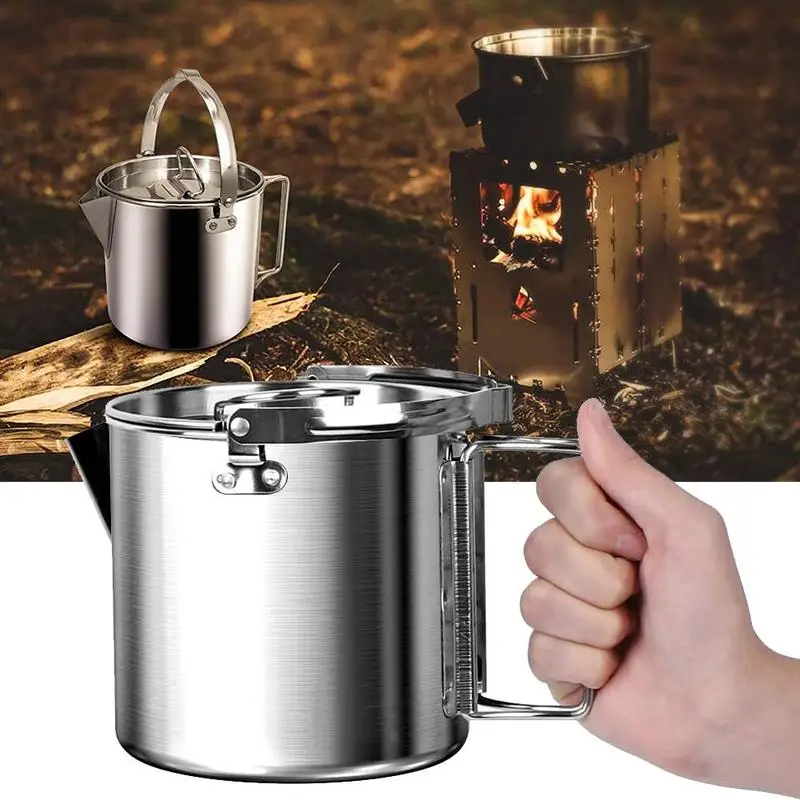 

Outdoor Stainless Steel Kettle Folding Camping Hanging Pot Portable Coffee Pot Teapot Picnic Cooker 1.2L