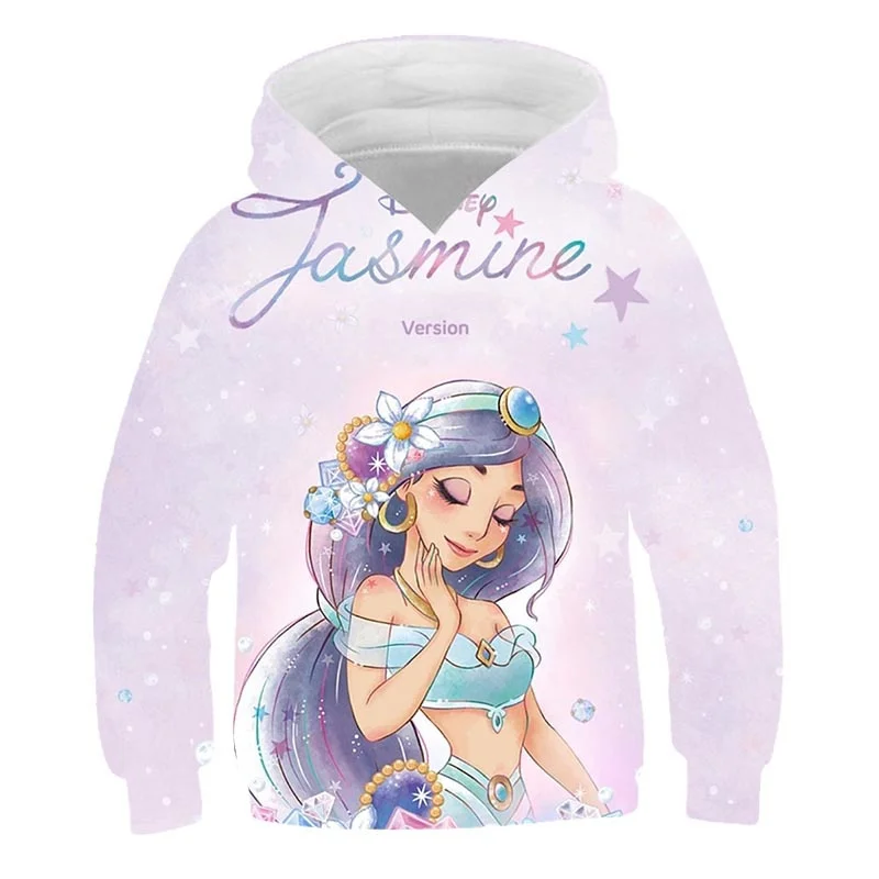 

Jasmine Princess Hoodies Spring Autumn Girls Fashion Hooded Tops Disney Series Cartoon Casual Long Sleeve Sweatshirts 1-14 Years