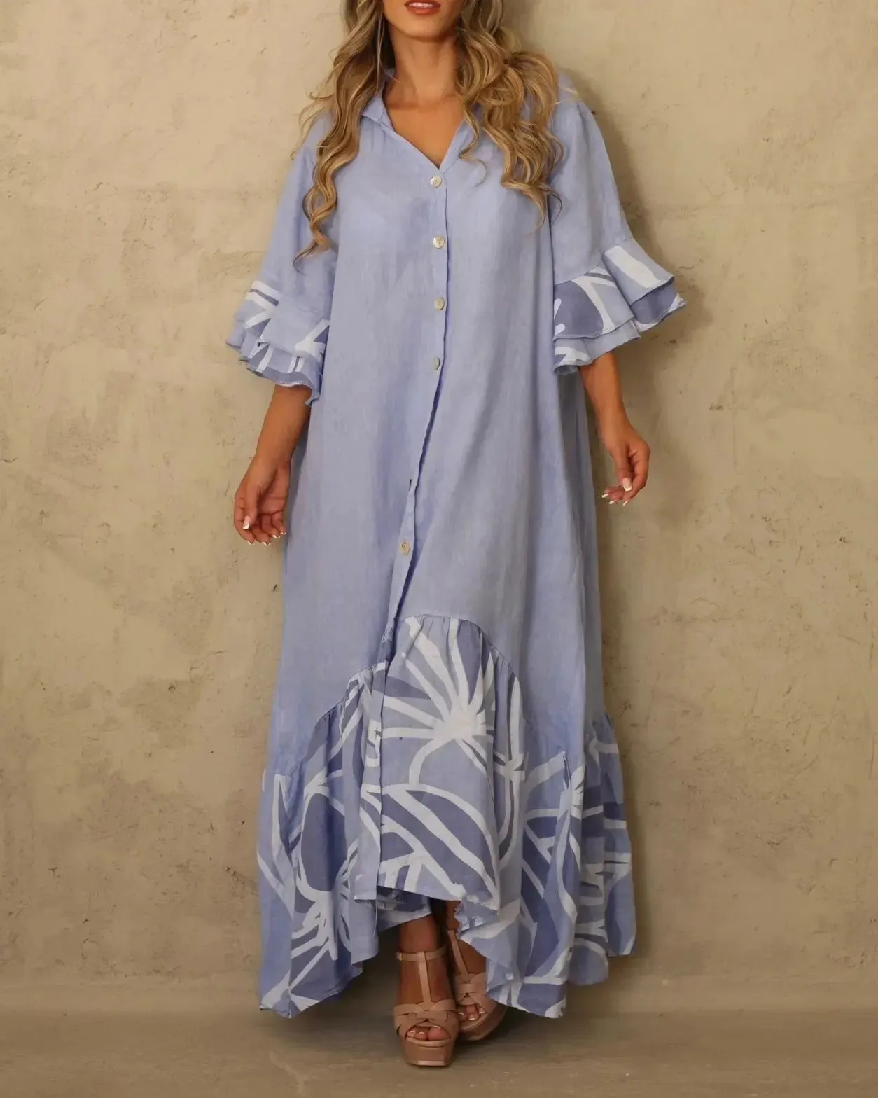 Spring Summer 2023 new fashion print panels, 7-point sleeve ruffles casual elegance sexy long shirt women's dress