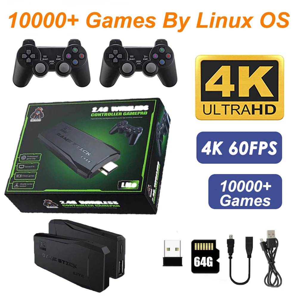 

LEMFO M8 Game Stick 4K Linux OS TV Video Game Console Built-in 10000+ Games 2.4G Dual Wireless Handle 64GB 3D Games For PS1 SFC