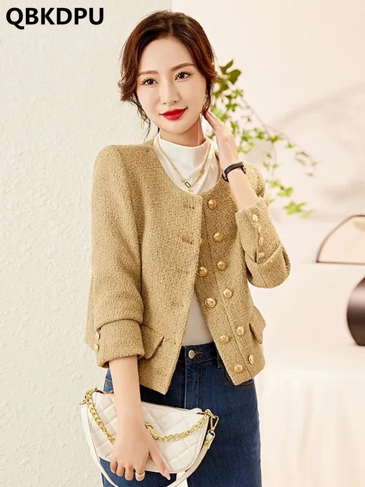 

Classic Short Slim Tweed Double Breasted Jacket Casual Vintage Wool Blend Coats Fashion Woolen Chaquetas Korean Elegant Jaquetas