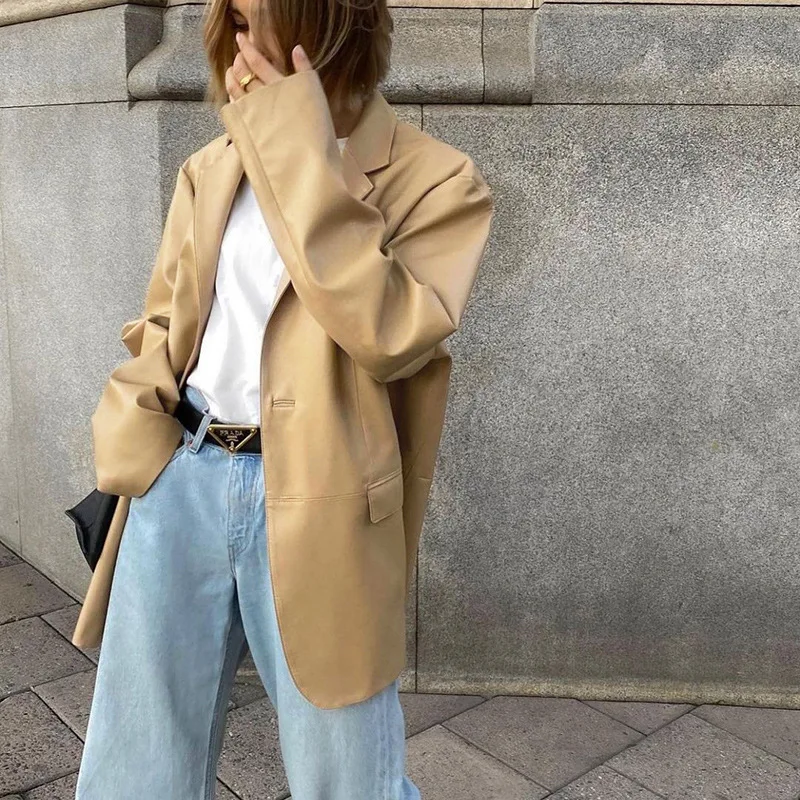 New Women's 2021 Autumn and Winter Long-sleeved Temperament Trend Solid Color Lapel Single-breasted Loose-fitting Glossy Jacket