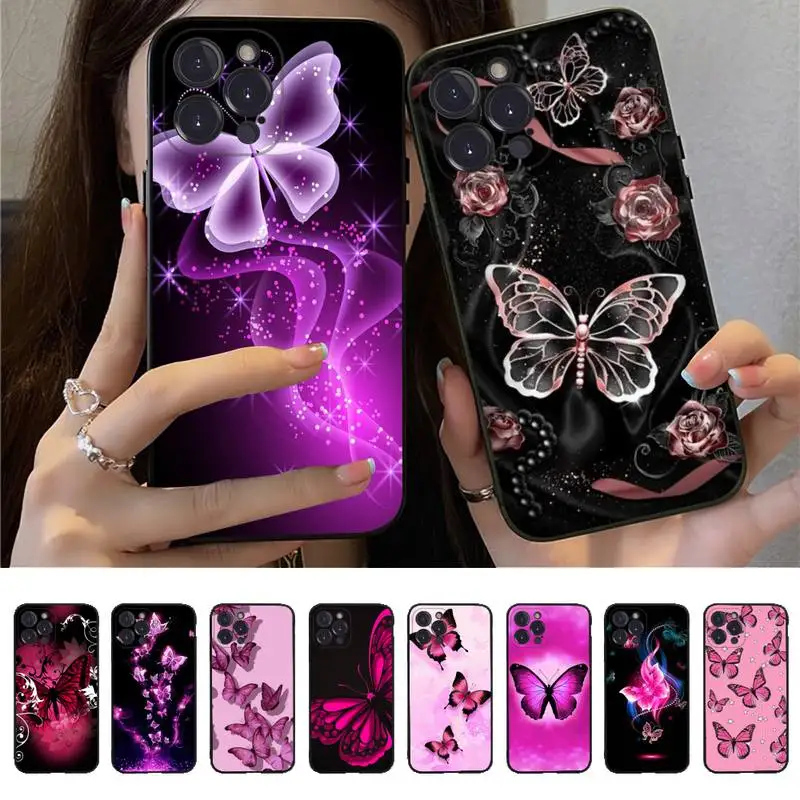 

Beauty Pink Butterfly Phone Case For iPhone 14 13 12 Mini 11 Pro XS Max X XR SE 6 7 8 Plus Soft Silicone Cover