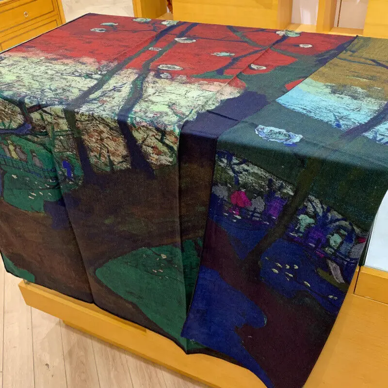 

Cashmere Silk Scarf Double-sided Oil Painting Flower Tree Shawl Stole 135*135cm