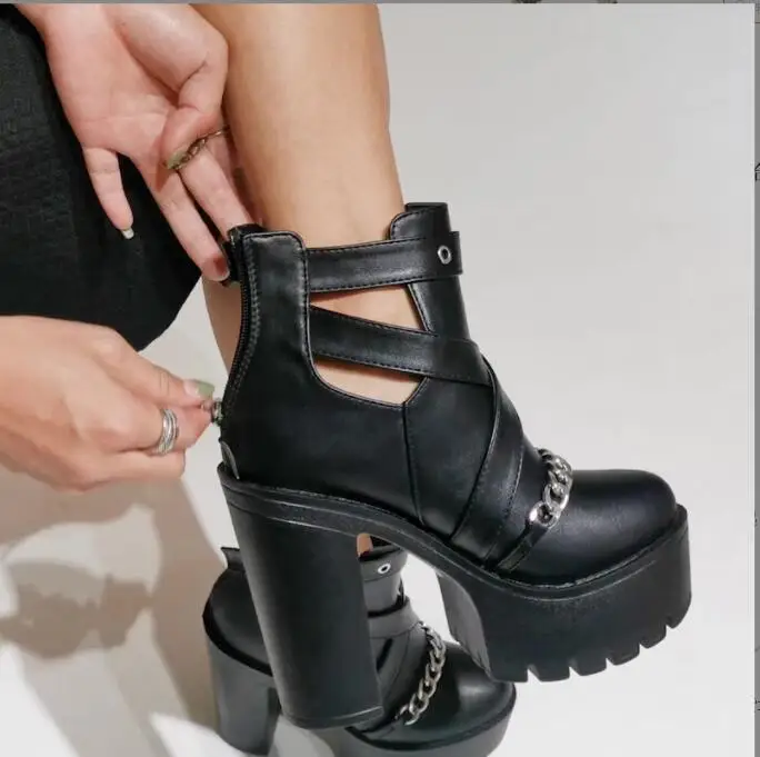 Autumn Winter Platform Boots For Women Sexy Round Toe Buckle Strap Pole Dance High Heels Pumps Fashion Sexy chain Black Shoes