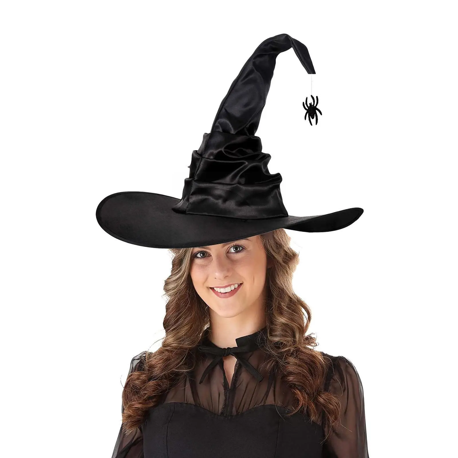 

Хэллоуин, угловая шляпа ведьмы, Шляпа Волшебника, черная плиссированная подвеска, женская подвеска со спиралью, паук, косплей, искусственная кожа H8R4