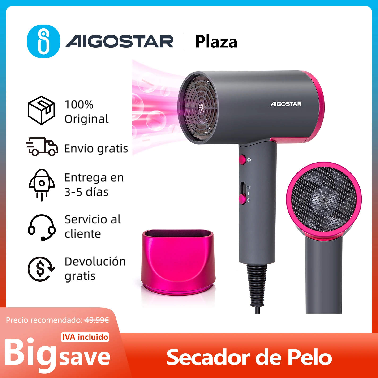 Ionic Hair Dryer, Lightweight and Compact, 2 Speeds, 3 Temperatures, Cold Button, Concentrator Nozzle, 2200W