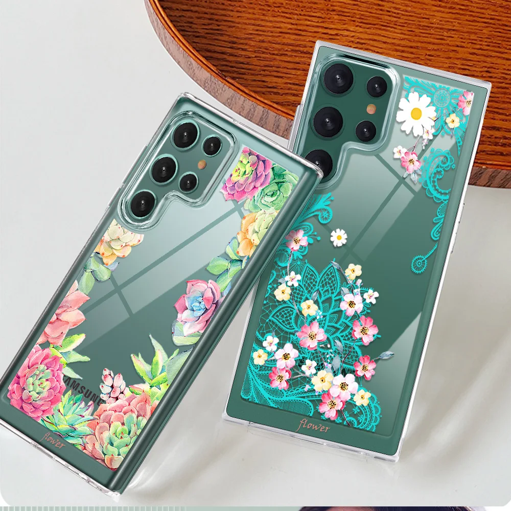 

Flower Phone Case for SAMSUNG Galaxy S22Ultra S22 Luxury Fundas Transparent PC+TPU Covers Protection Shell for Samsung S22Plus