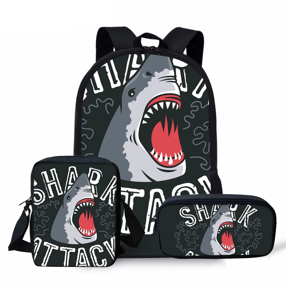 

3Pcs Cool Cartoon Shark Print Child School Backpack for Teens Primary Student Book Bag Lunch Box Pencil Bags Kid Daily Daypack