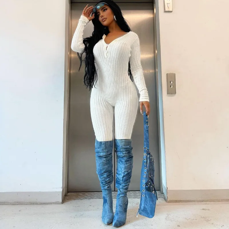 

Casual Women Solid Color Jumpsuit Knit Ribbed Fitness Slim Sporty Full Sleeve Long Romper Women Jumpsuit Overalls