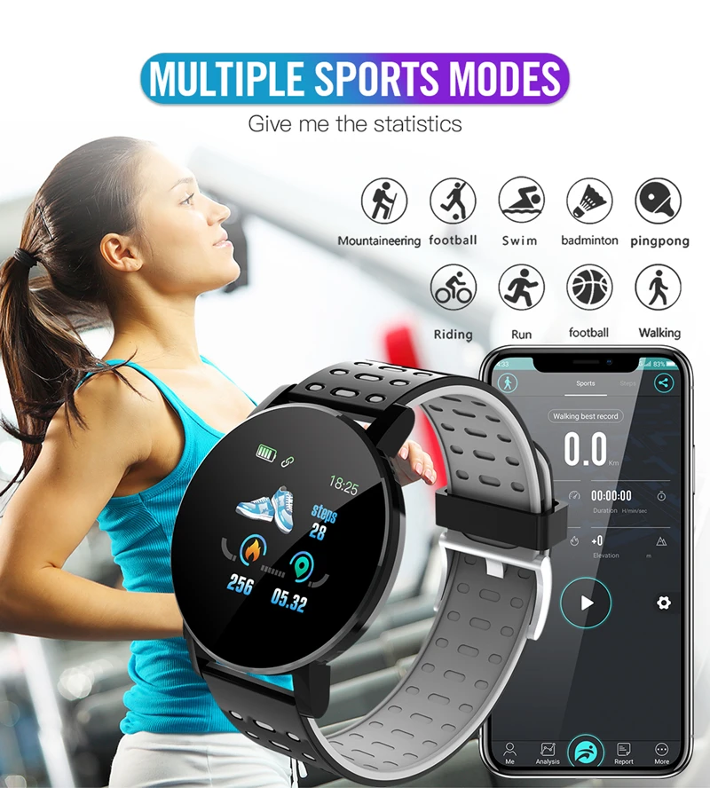 

119Plus Bluetooth-compatible Smart Watch IP67 Waterproof Smart Bracelet Blood Pressure Sport Tracker Smartwatch for Android IOS