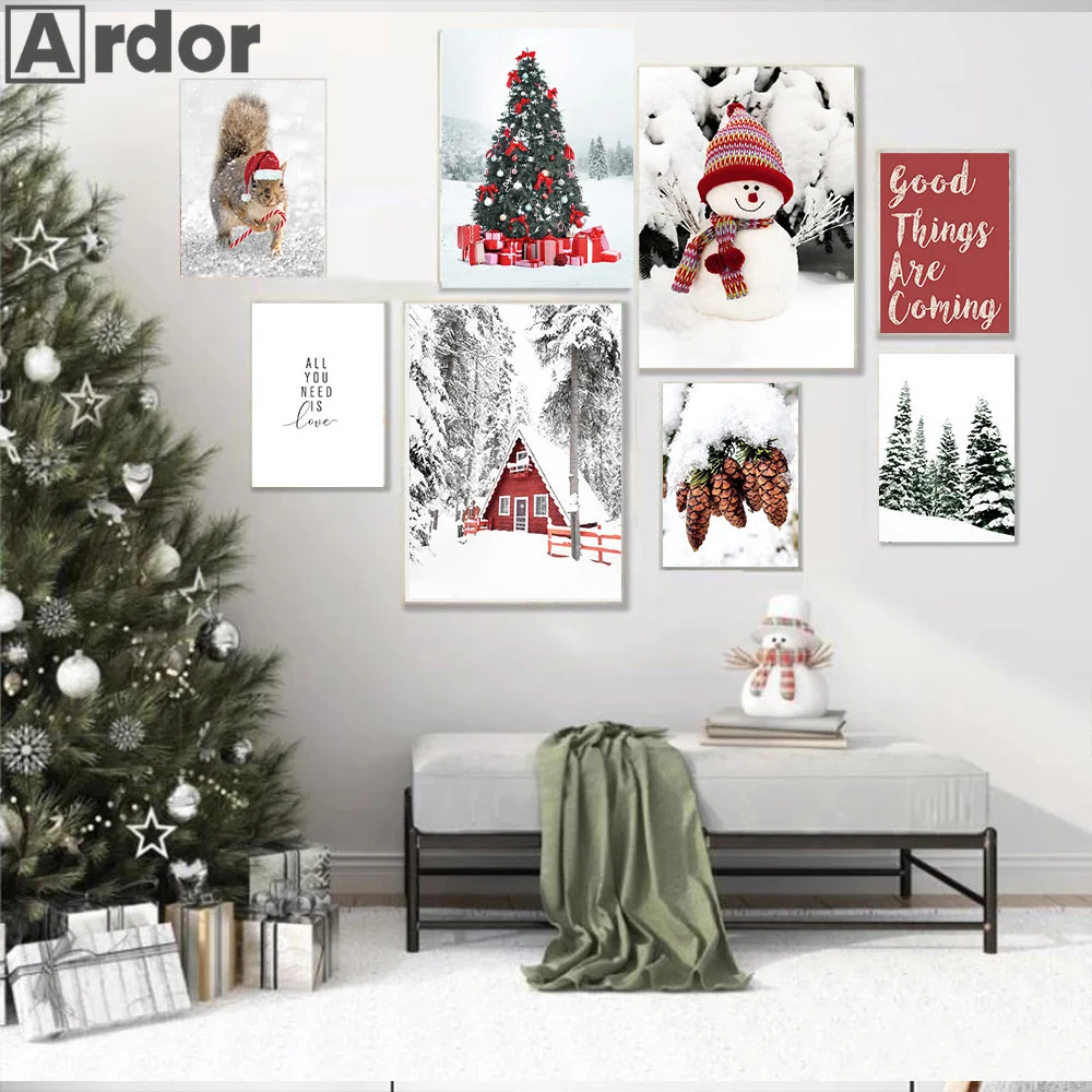

Christmas Tree Poster Canvas Painting Winter Forest Pine Tree Posters Santa Snowman Print Nordic Wall Pictures Living Room Decor