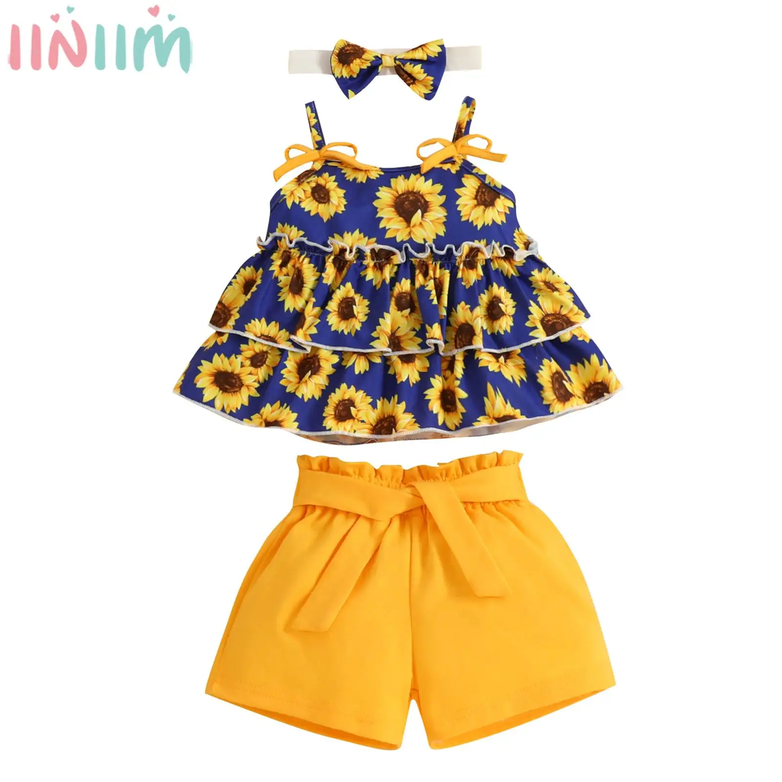 

Baby Girls Summer Casual Sunflower Print Outfits Tiered Sling Crop Top Shorts Bowknot Headwear for Daily Beach Vacation Birthday
