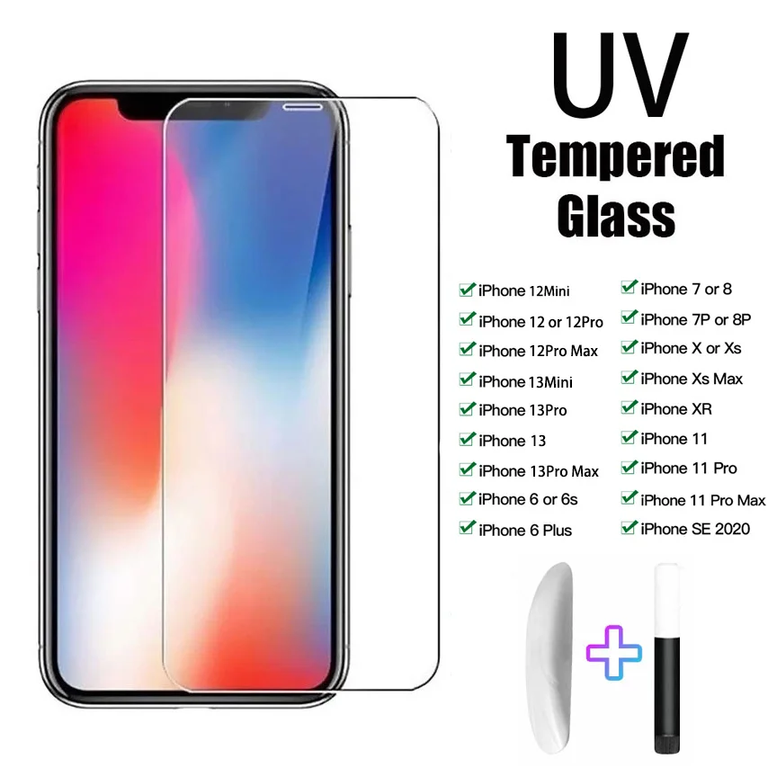 

UV Nano liquid Glue Protective Film For iphone 12 11 13 Pro Max Tempered Glass Apple 6 6S 7 8 Plus SE X XS XR Screen Protector