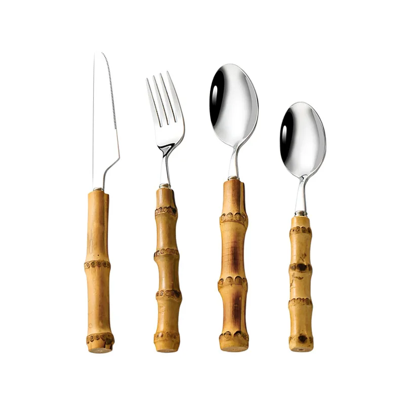 

24Pcs 16Pcs Dinnerware Sets Original Nature Bamboo Handle Stainless Steel Upscale Cutlery Fork Spoon Home Kitchen Tableware