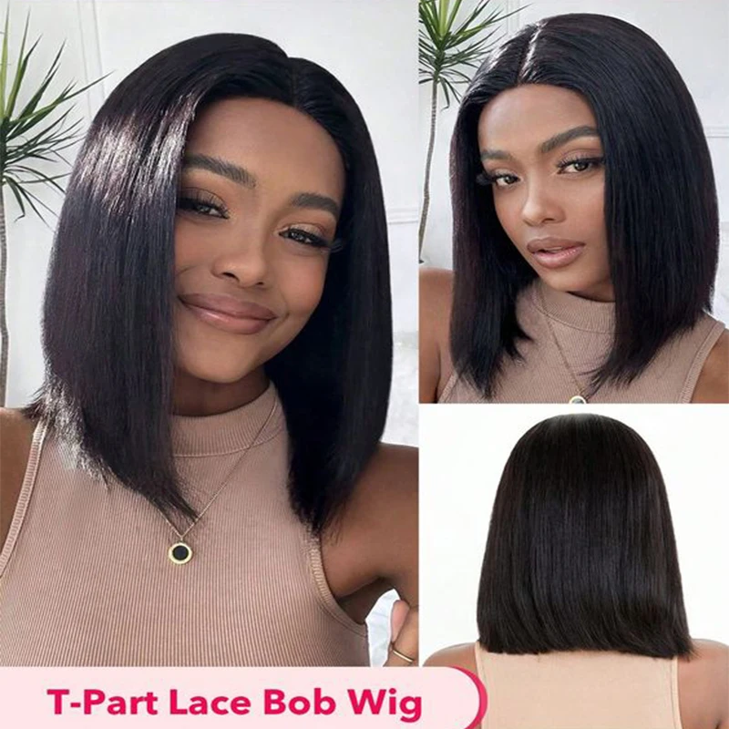 Натуральный Черный Боб Прямой Парик Человеческих Волос 13x1 Прозрачный Фронта