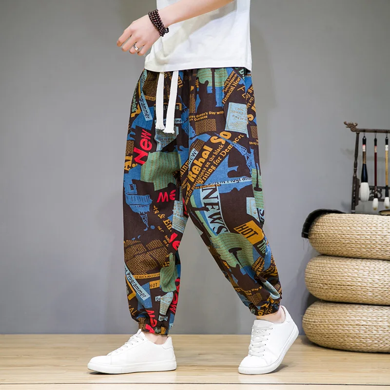 

New Casual Pants Thin Breathable Imitation Linen Casual Crotch Large Size Harem Pants Lantern Print Long Pants 5XL