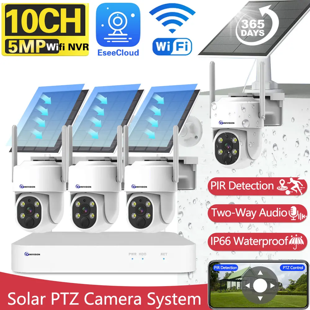 10CH 5MP WiFi NVR 4MP Solar Security Powered Wireless PTZ Camera Battery System Home Farm Forest Safe IP Solar Camera CCTV Kit