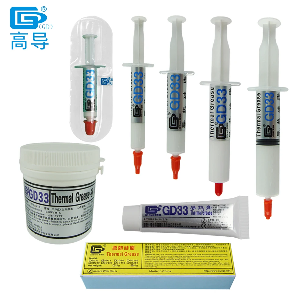 

Net Weight 1/3/7/15/25/30/90/150 Grams GD33 Thermal Conductive Grease Paste Plaster Heat Sink Compound for CPU LED SSY SY CN ST
