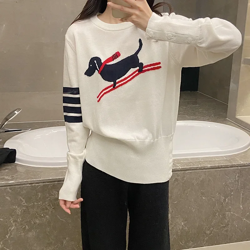 

High Quality Goods In Stock! Early Spring New Ski Dog Round Neck Long Sleeve Sweater Women's T-Shirt Academy Style Four Bar Top