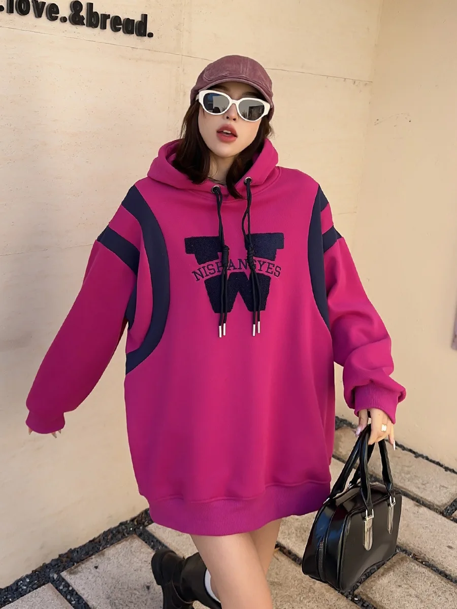 Женский свитер с капюшоном большого размера в стиле пэчворк зима 2024 теплый флис