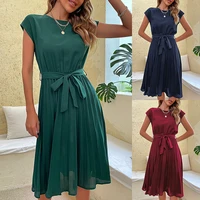 new summer lace up skirt solid color pleated dress