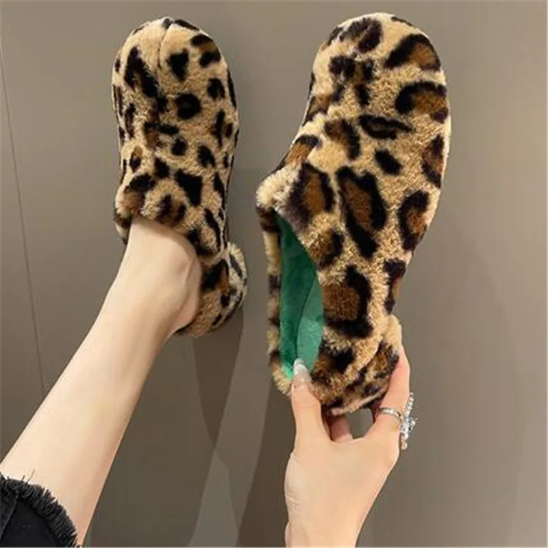 

Womens Round Toe Leopard Mules Furry Fur Mixed Colors Slippers Winter Platform Pumps Wedge High Heel Slip on Shoes
