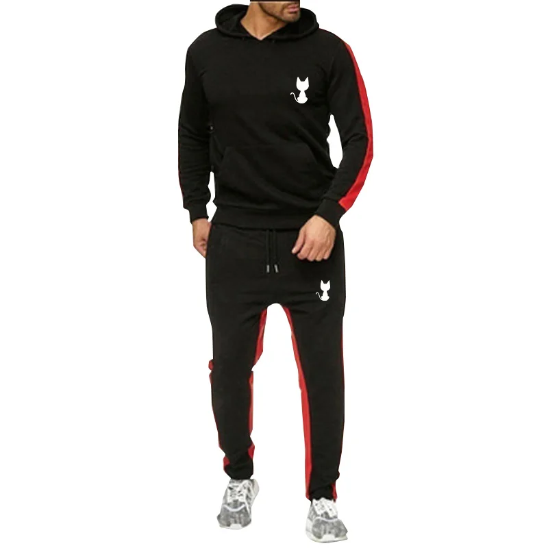 Striped Men's Sweatshirt Set Hoodies And Sports Pants Two Pieces Cute Kitten Print Spring Autumn Casual Style