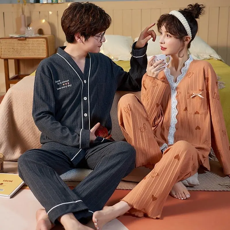 Two sets of price  Couples' pajamas Women's autumn and winter cotton long-sleeved cardigan Men's pajamas Home clothes Spring