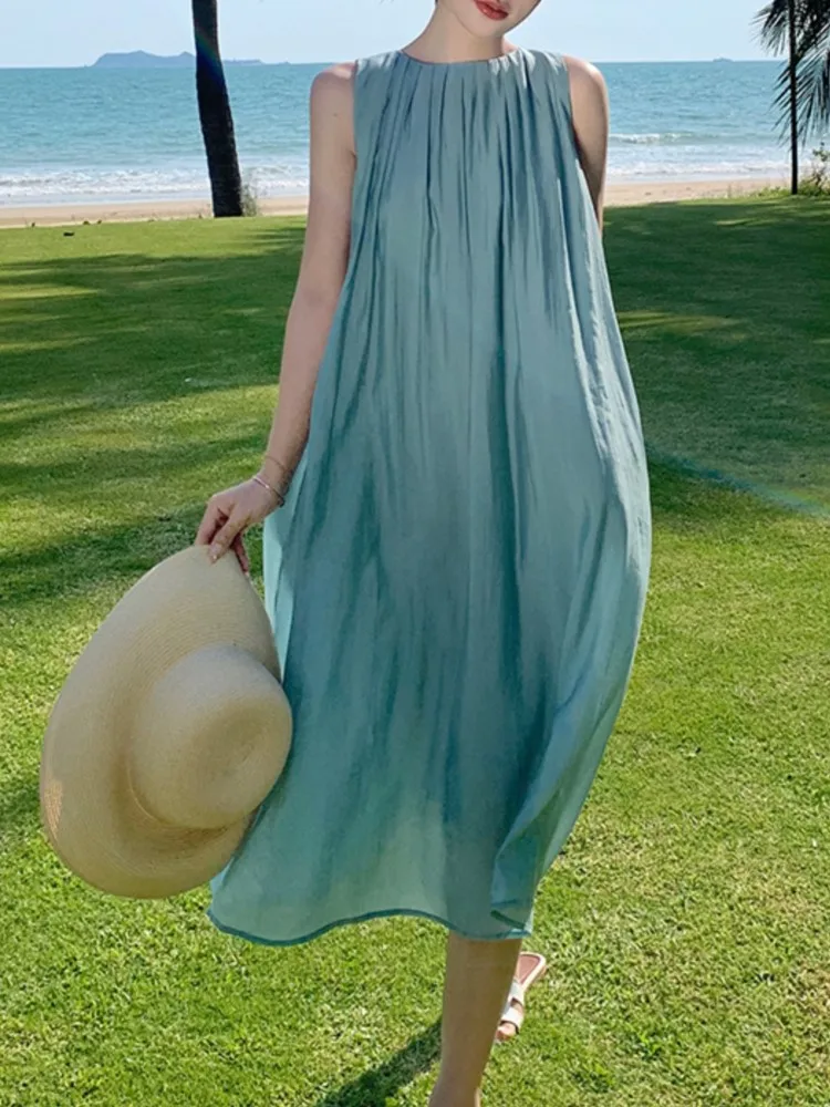 

Винтажное повседневное женское платье без рукавов, плиссированное свободное модное однотонное пляжное платье Вечерние летнее элегантное ...