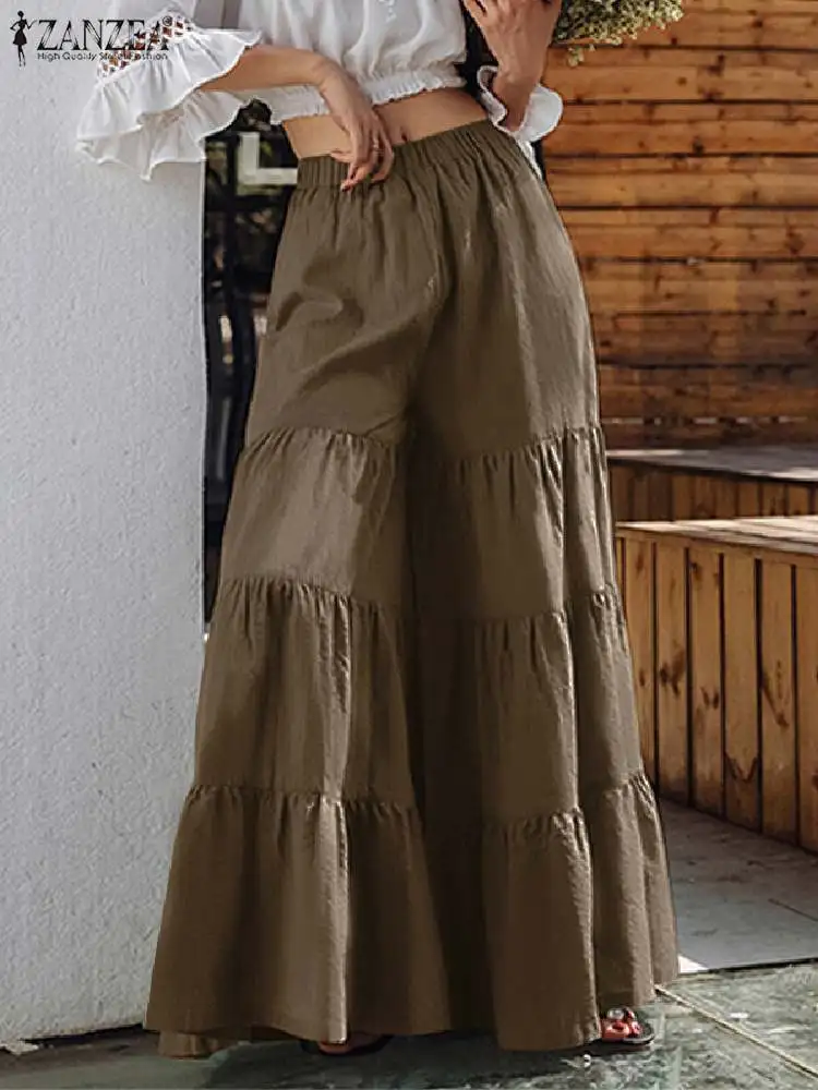 

ZANZEA Summer Women Elastic Waist Solid Loose Pants Fashion Wide Leg Trousers Holiday Beach Pantalon Bohemian Flare Palazzo 2023