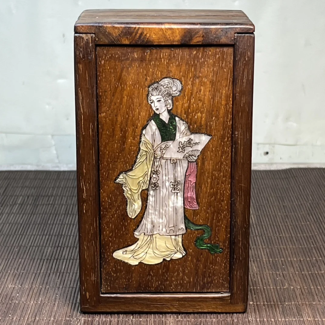 

Collect Exquisite Hand-carved Huanghuali Wood Carving Inlay Sea Shell Lucky Beauty Picture Square Box Handicraft Home Decoration