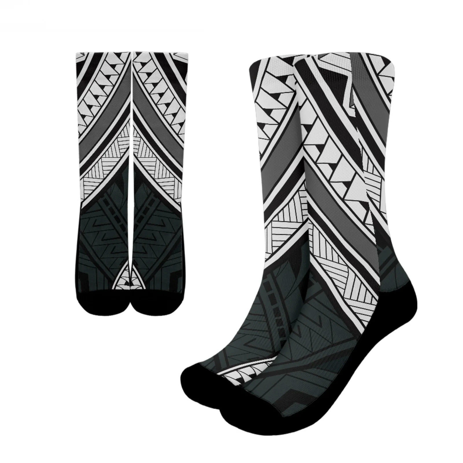 

Polynesian Tribal Pohnpei Totem Tattoo Prints Vintage Keep Warm Black White Two-Tone Long-Tube Socks Fit Casual Everyday Wear