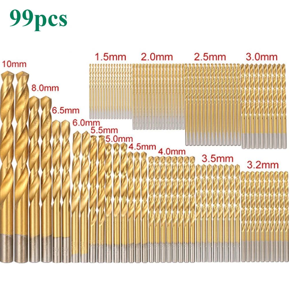 KUNJUAN  99Pcs 1.5mm - 10mm Titanium Coated Drill Bits HSS High Speed Steel Drill Bits Set Tool High Quality Power Tools