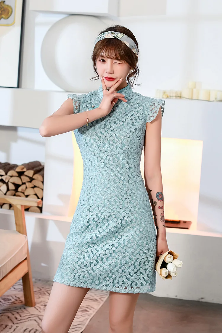 Flower Year Spring and Summer New Lace Embroidery Double-Layer Short Improved Lady Cute Short sleeve Fashion Young Cheo...