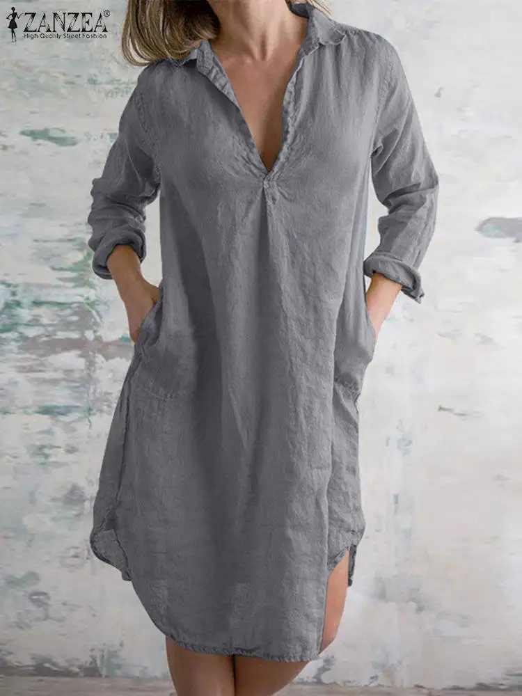 

Fashion Autumn Dresses 2023 ZANZEA Women Fashion Shirt Vestidos Casual Long Sleeve V Neck Sundress Knee Length Party Robe Femme