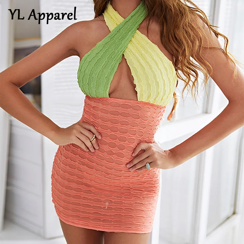 

2022 Summer Sexy Halter Neck Backless Patchwork Bodycon Wrap Dress Women Outfits Sexy Girls Off Shoulder High Waist Party Robe