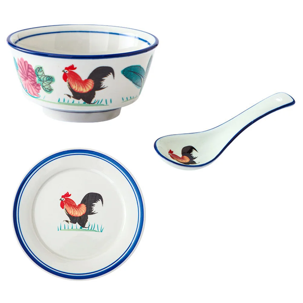 

3Pcs Rooster Ceramic Bowls Noodle Storage Bowls Soup Bowls (Assorted Color)