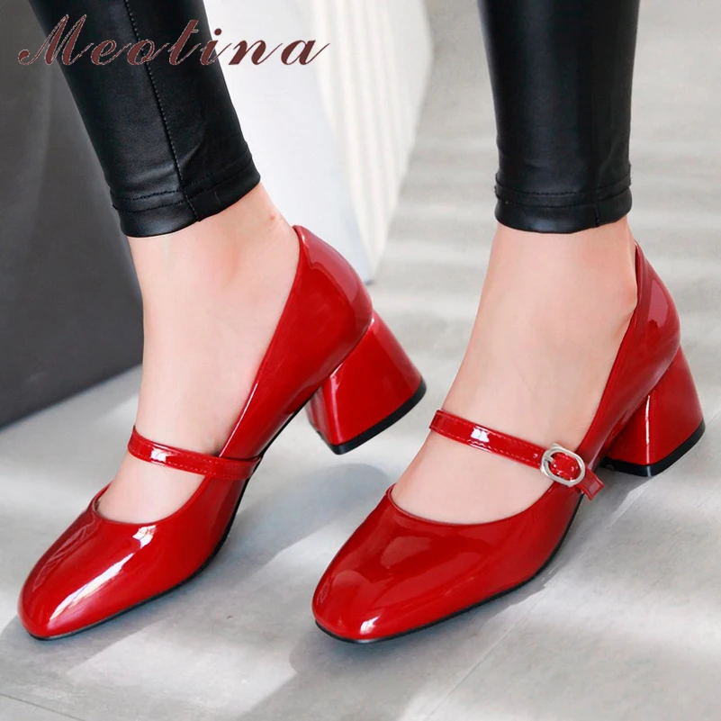 

Meotina Women Shoes High Heels Mary Janes Shoes Patent Leather Thick Heel Pumps Buckle Square Toe Female Footwear White 33-43