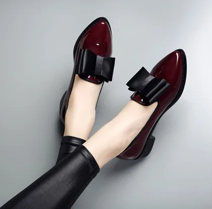 

2022 Spring Flats Women Shoes Bowtie Loafers Patent Leather Women's Low Heels Slip On Footwear Female Pointed Toe Thick Heel
