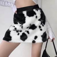 fashion womens cow printed plush skirt high waist a shaped slim short skirt autumn winter ins style contrast color mini skirt