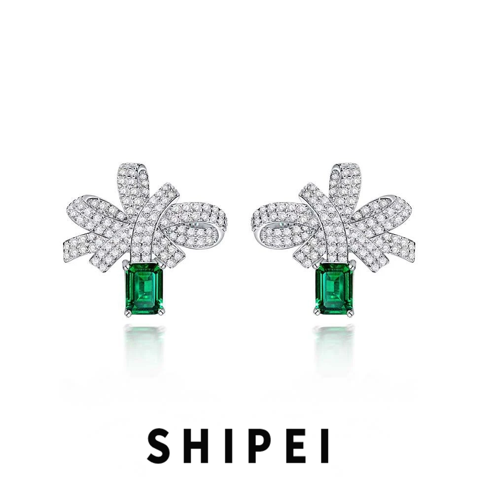 SHIPEI Luxury 925 Sterling Silver Emerald Cut 1CT Emerald White Sapphire Gemstone Bowknot Studs Earrings Fine Jewelry for Women