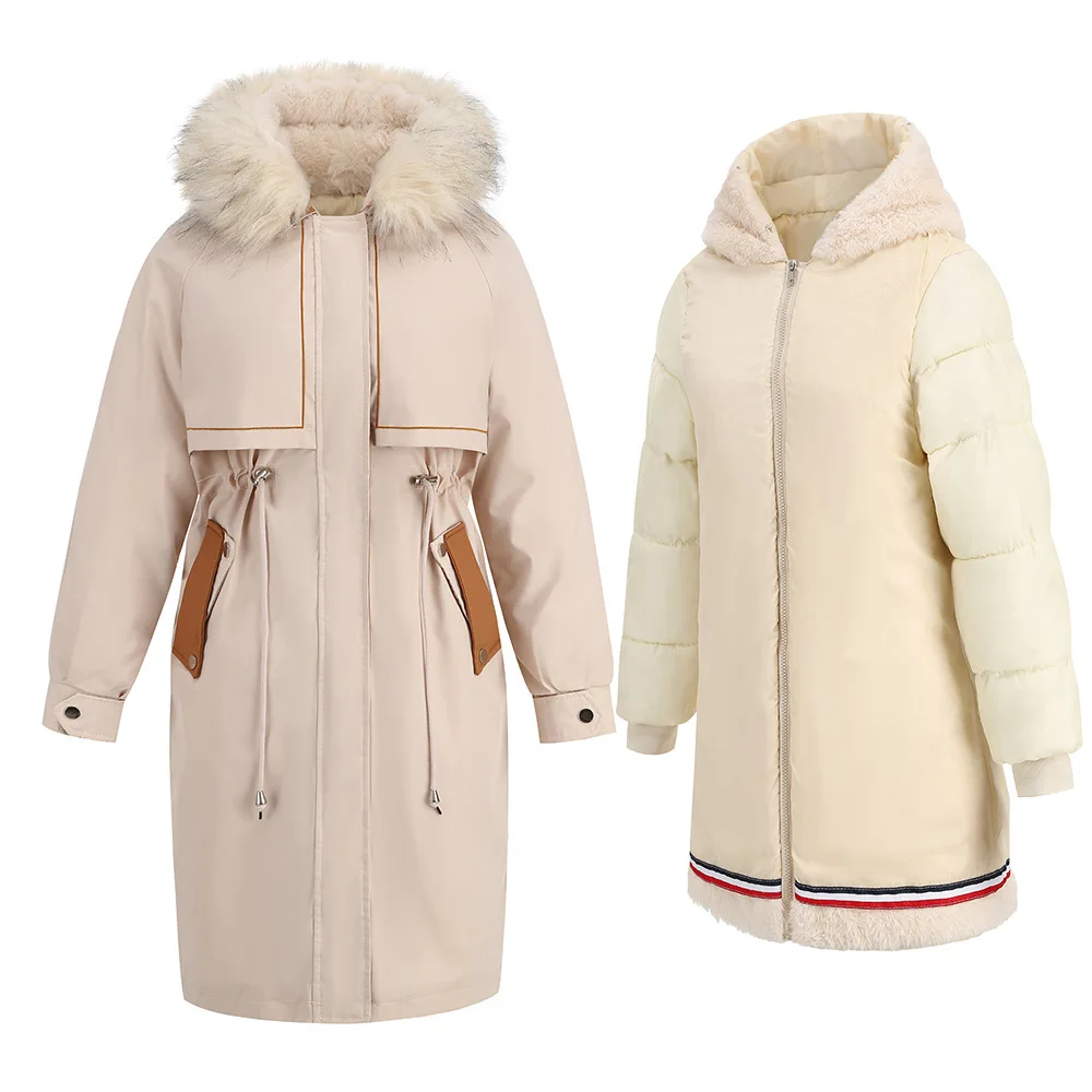 New winter parka cotton coat Women's thick warm casual loose parka hooded zipper coat fur collar jacket elegant two-piece suit