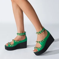summer women back zipper wedges sandals metal beads rivets women shoes large size 43 platform shoes rivet sandals zapatos mujer