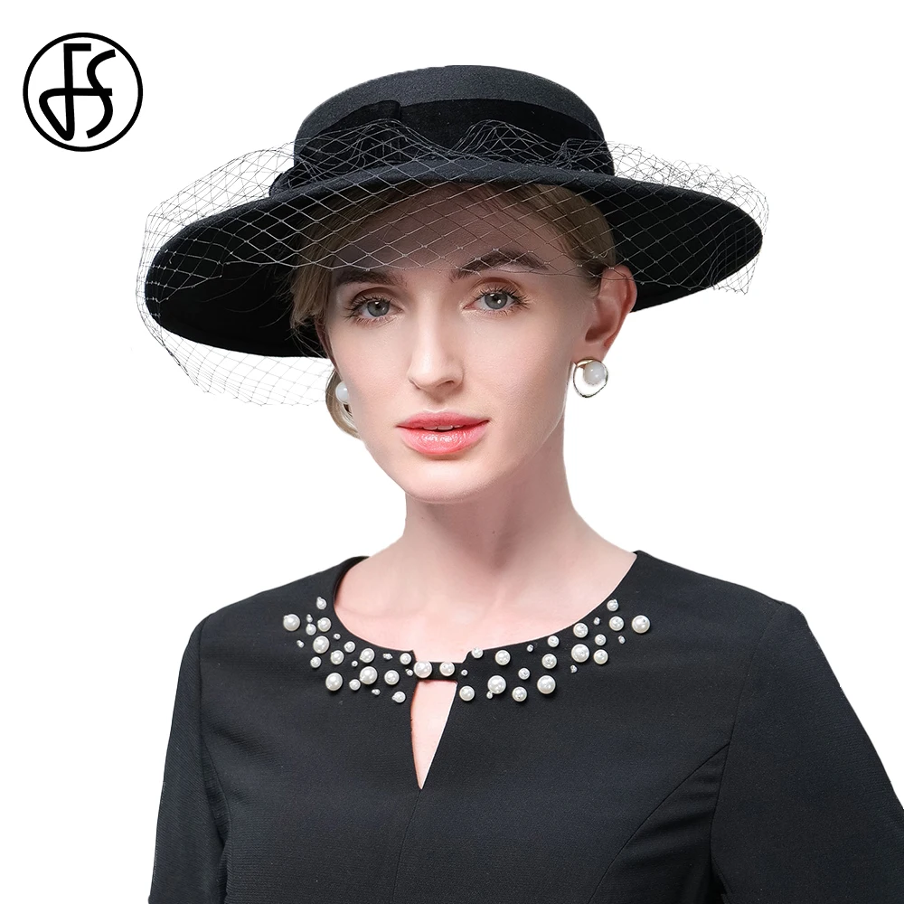 

FS 2022 Large Brim Wool Black Hats For Women With Veil Church Fedoras French Vintage Derby Cap Lady Cocktail Tea Party Millinery