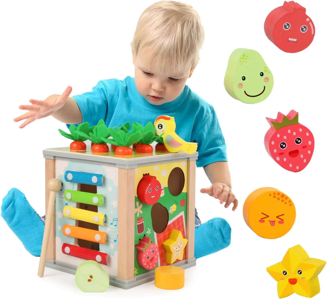 

6in1 Wooden Activity Cube Montessori Toys for 12M+ Baby Carrots Harvest Game&Bead Maze Preschool Learning Education Shape Sorter